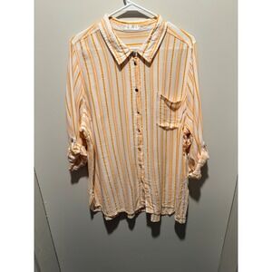 89+Madison 2X Cream Yellow Stripe Button Down Shirt Roll Tab Sleeve